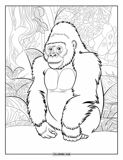 Dibujo de gorila para colorear para adultos: Un gorila se sienta pacíficamente entre plantas estampadas y detallados árboles de la selva tropical