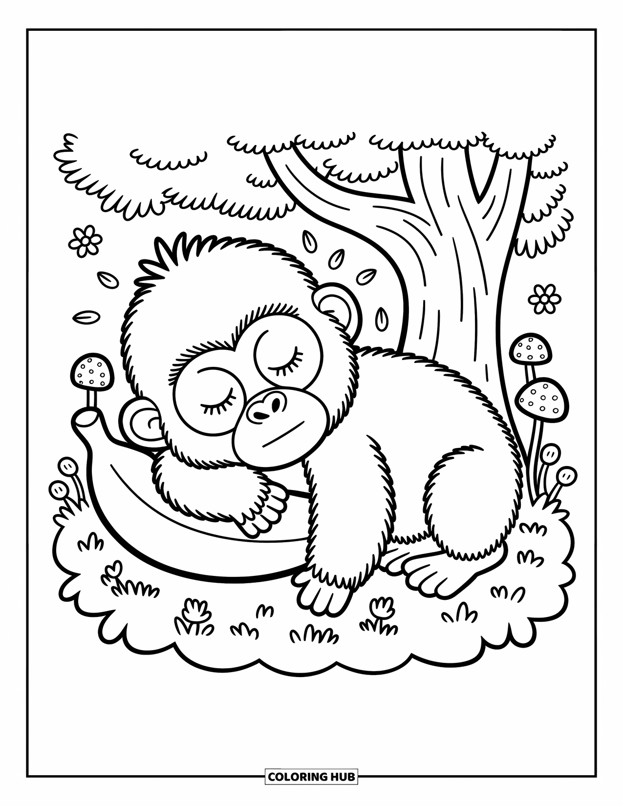 Gorilla Kleurplaat voor Volwassenen: Gorilla dommelt op mos met een pluche banaan, omringd door paddenstoelen en bloemen
