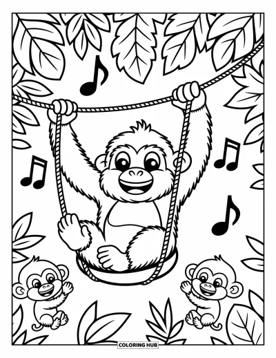 Dibujo de gorila para colorear para adultos: Un gorila se balancea sobre la jungla mientras los monos aplauden y las notas musicales flotan