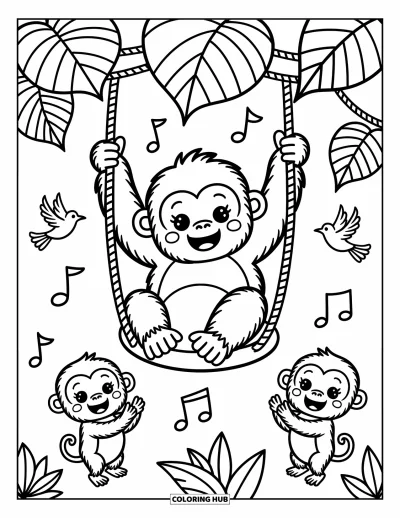 Dibujo de gorila para colorear para adultos: Un gorila se balancea alegremente de una liana mientras monos y pájaros lo animan