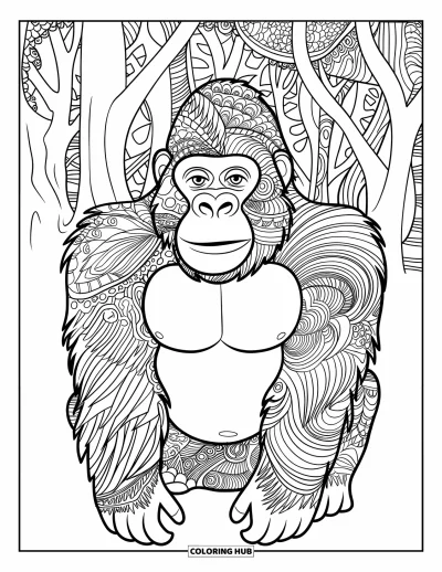 Dibujo de gorila para colorear para adultos: Un gorila con pelaje estampado se relaja en un bosque estilizado lleno de intrincados árboles