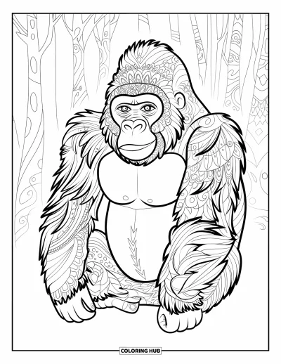 Dibujo de gorila para colorear para adultos: Un gorila con pelaje zentangle se sienta tranquilamente en un bosque de árboles estampados