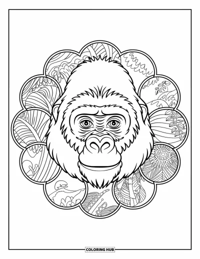 Dibujo de gorila para colorear para adultos: La cara de un gorila se encuentra en el centro de mandalas circulares de la selva tropical