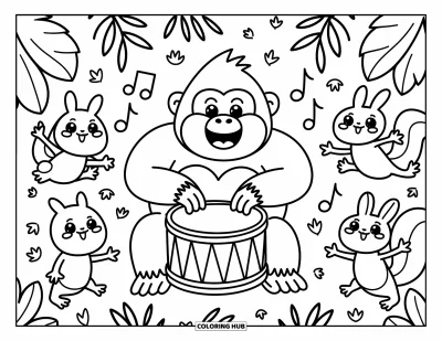 Dibujo de gorila para colorear para adultos: Un gorila feliz tamborilea mientras los animales del bosque bailan y las notas musicales flotan alrededor