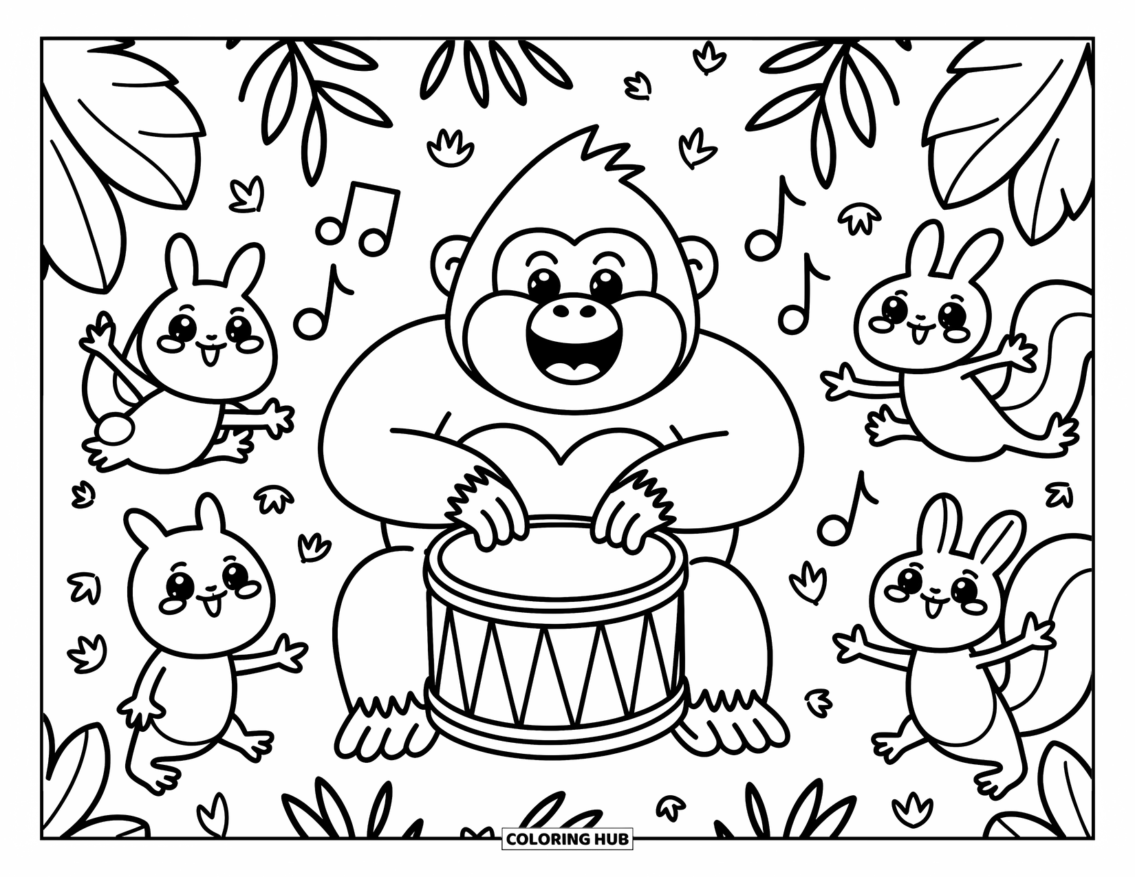 Gorilla Kleurplaat voor Volwassenen: Blije gorilla trommelt terwijl bosdieren dansen en muzieknoten rondzweven