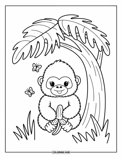 Dibujo de gorila para colorear para adultos: Un gorila feliz come un plátano bajo un gran árbol mientras las mariposas bailan cerca