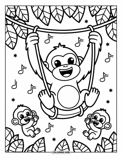 Dibujo de gorila para colorear para adultos: Un gorila feliz se balancea con monos animando bajo árboles frondosos y pájaros volando