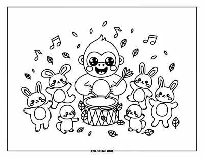 Dibujo de gorila para colorear para adultos: Un gorila alegre tamborilea con pequeños animales del bosque aplaudiendo cerca en un claro frondoso