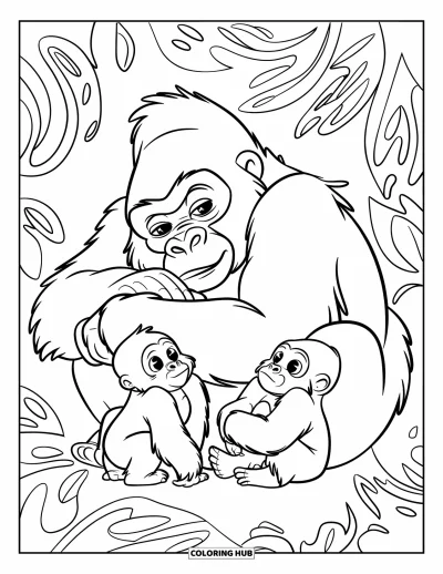 Dibujo de gorila para colorear para adultos: Una gorila madre se acurruca con bebés gorilas entre rizos de hojas