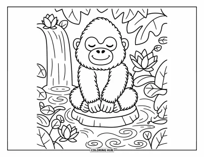 Dibujo de gorila para colorear para adultos: Un gorila tranquilo medita junto a una cascada en la jungla mientras hojas arremolinadas flotan a su alrededor