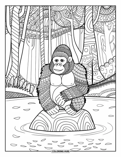 Dibujo de gorila para colorear para adultos: Un gorila tranquilo se sienta junto a un lago en un bosque estampado con hojas arremolinadas