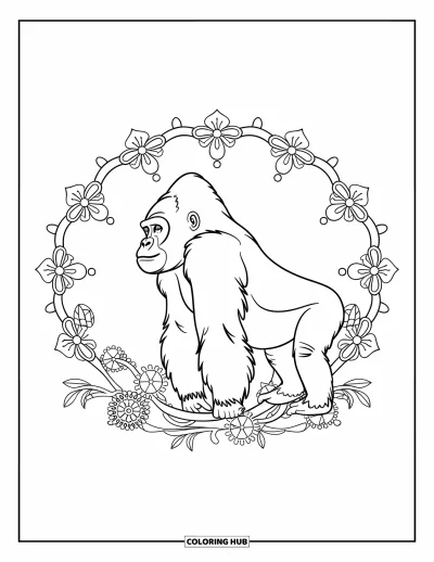 Dibujo de gorila para colorear para adultos: Un gorila de perfil lateral enmarcado por mandalas florales y lianas arremolinadas
