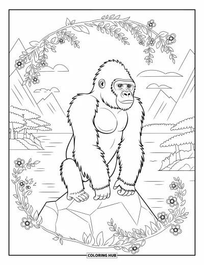 Dibujo de gorila para colorear para adultos: Un gorila de lado sobre una roca rodeado de mandalas florales y un paisaje suave