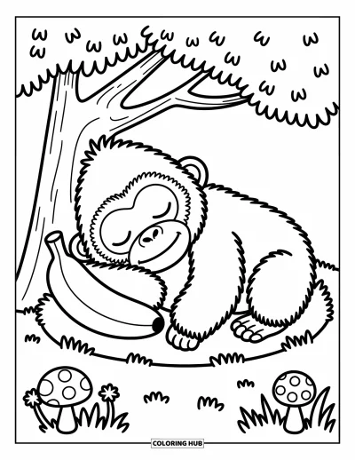 Dibujo de gorila para colorear para adultos: Un gorila somnoliento duerme la siesta bajo un árbol con un peluche de plátano y pequeños hongos