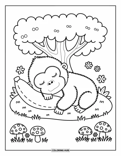 Dibujo de gorila para colorear para adultos: Un gorila cansado duerme la siesta bajo un árbol con un juguete suave y pequeños hongos cerca