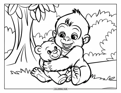 Dibujo de gorila para colorear para niños: Un bebé gorila abraza a su oso de peluche cerca de un gran árbol frondoso