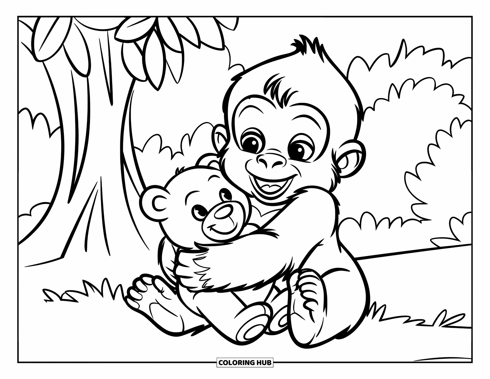 Gorilla Kleurplaat voor Kinderen: Baby gorilla knuffelt zijn teddybeer in de buurt van een grote bladerrijke boom