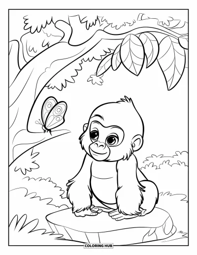 Dibujo de gorila para colorear para niños: Un bebé gorila se sienta en una roca debajo de un árbol frondoso con una mariposa cerca
