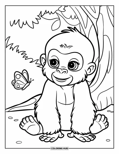 Dibujo de gorila para colorear para niños: Un bebé gorila se sienta debajo de un árbol con una mariposa cerca en un bosque tranquilo