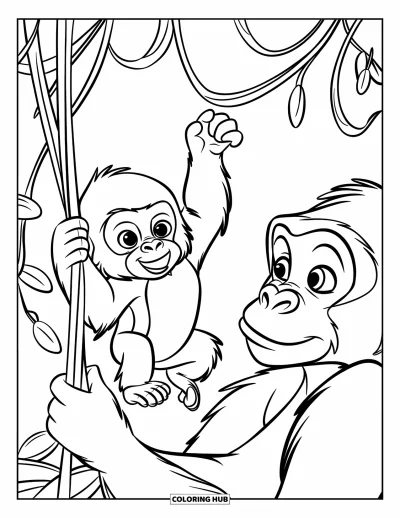Dibujo de gorila para colorear para niños: Un bebé gorila intenta trepar por una liana mientras el padre gorila observa cerca
