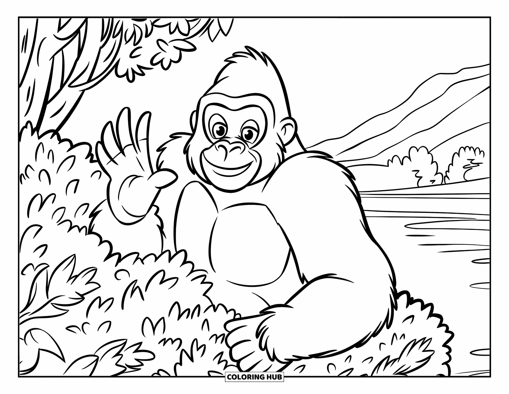 Gorilla Kleurplaat voor Kinderen: Vrolijke gorilla zwaait van achter een bladerrijke struik in de buurt van een vredig meer