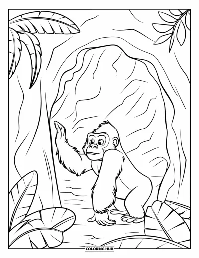 Dibujo de gorila para colorear para niños: Un gorila curioso explora la entrada de una cueva rodeada de hojas de la jungla