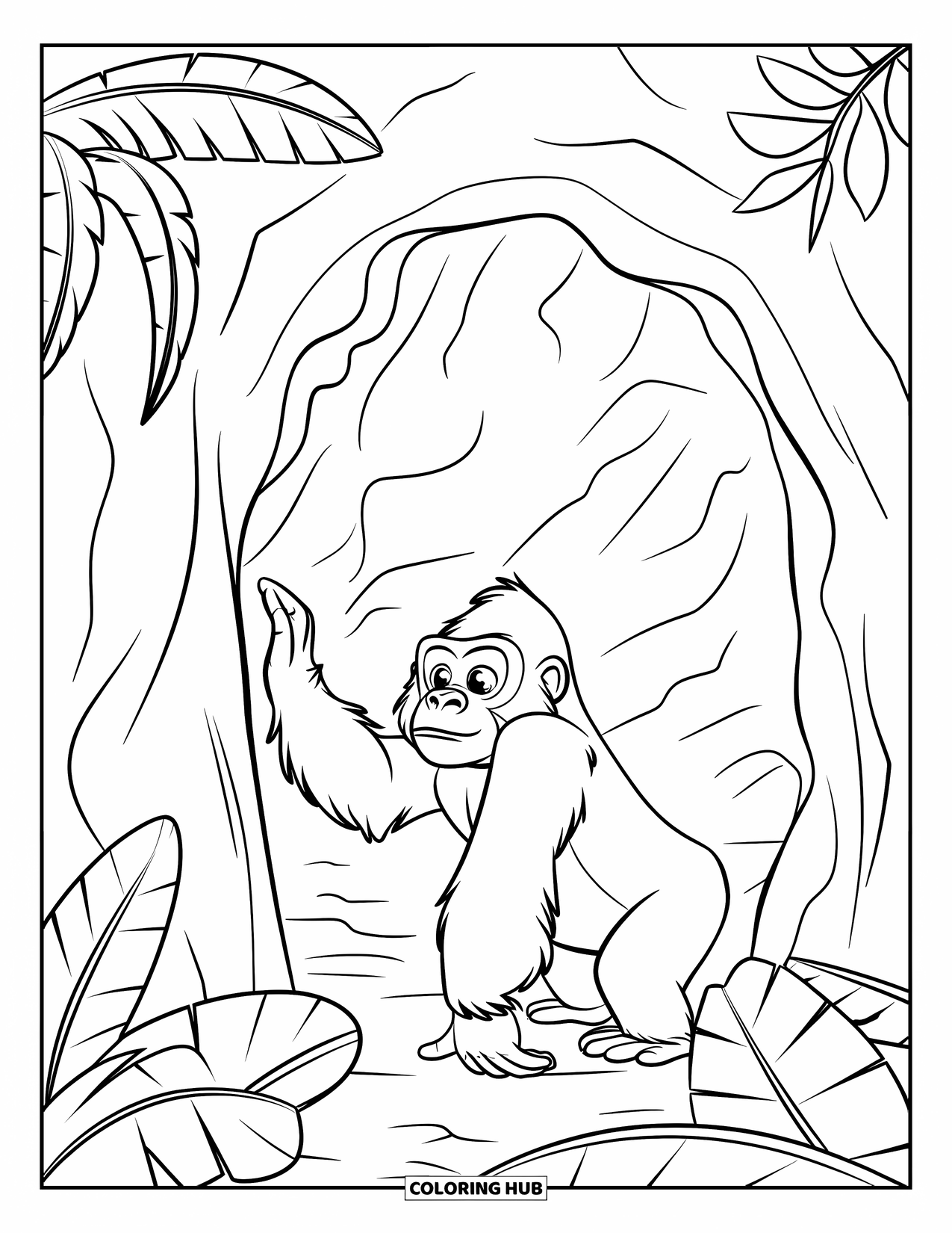 Gorilla Kleurplaat voor Kinderen: Nieuwsgierige gorilla verkent een grot ingang omringd door junglebladeren