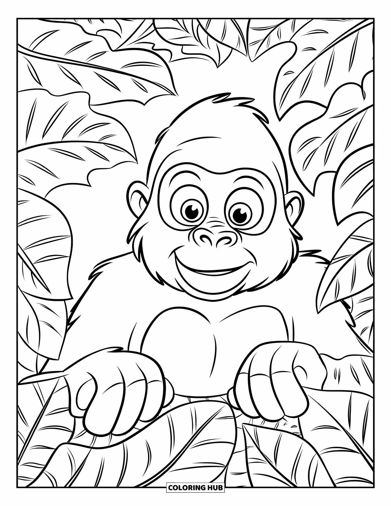 Gorilla Kleurplaat voor Kinderen: Nieuwsgierige gorilla glimlacht door dikke junglebladeren in een bladerrijk bos