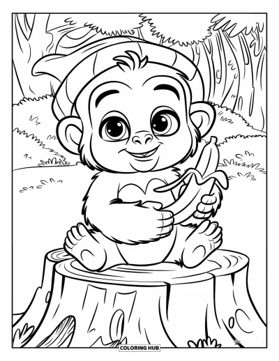 Dibujo de gorila para colorear para niños: Un lindo gorila en un tocón sostiene un plátano junto a una cáscara en el bosque