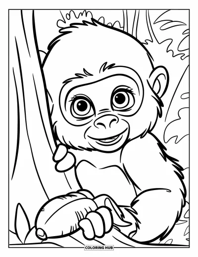 Dibujo de gorila para colorear para niños: Un lindo gorila con ojos grandes mira hacia afuera mientras sostiene un plátano
