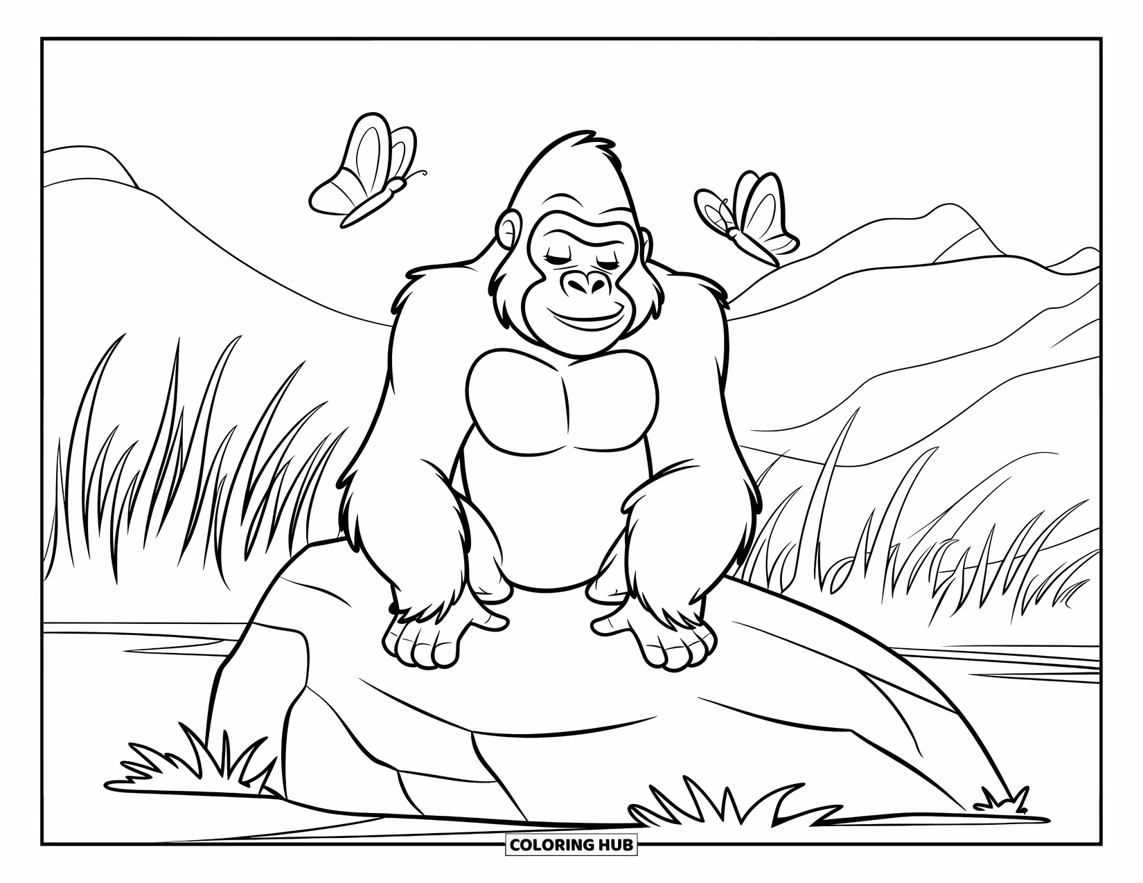 Gorilla Kleurplaat voor Kinderen: Met gesloten ogen ontspant de gorilla zich op een rots met vlinders in de buurt