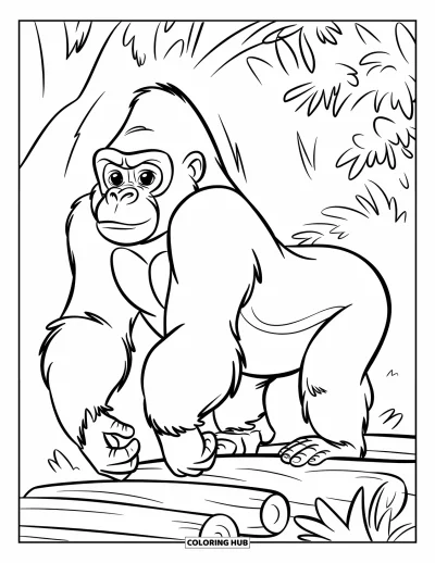 Dibujo de gorila para colorear para niños: Un gorila concentrado camina con calma a través de un puente de tronco en una jungla exuberante