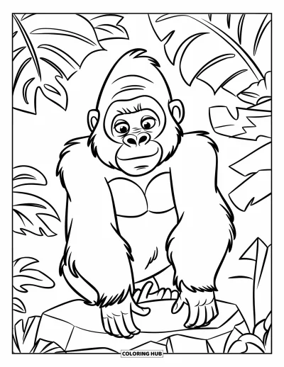 Dibujo de gorila para colorear para niños: Un gorila amigable mira desde grandes hojas de la jungla mientras está sentado en una roca