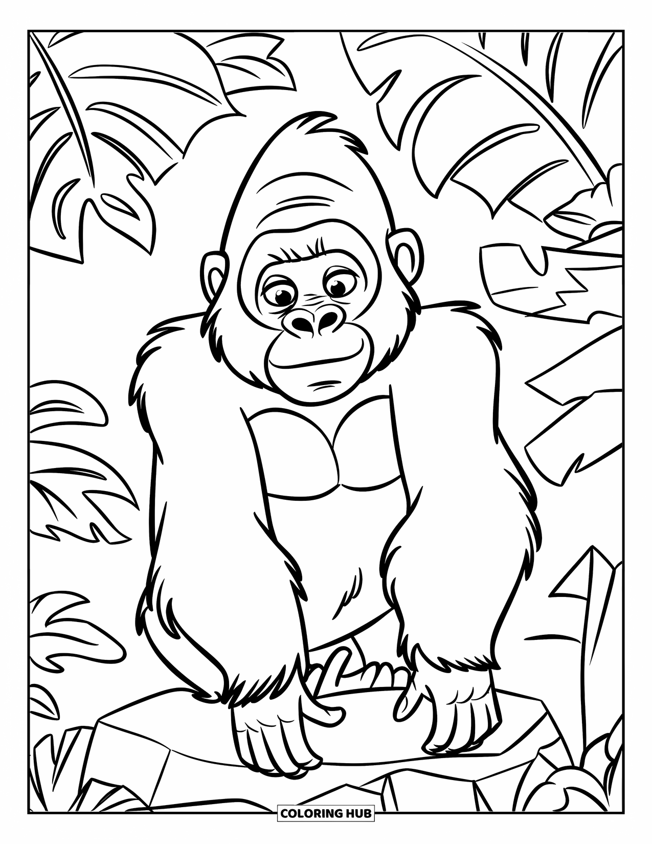 Gorilla Kleurplaat voor Kinderen: Vriendelijke gorilla gluurt uit grote junglebladeren terwijl hij op een rots zit