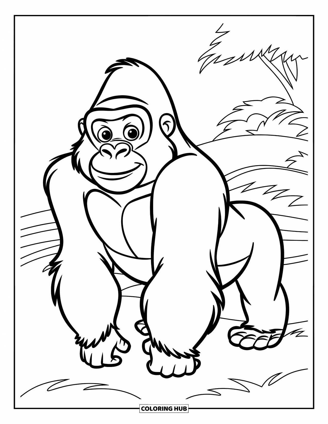 Gorilla Kleurplaat voor Kinderen: Vriendelijke gorilla staat op gras met bomen erachter en een vrolijke blik