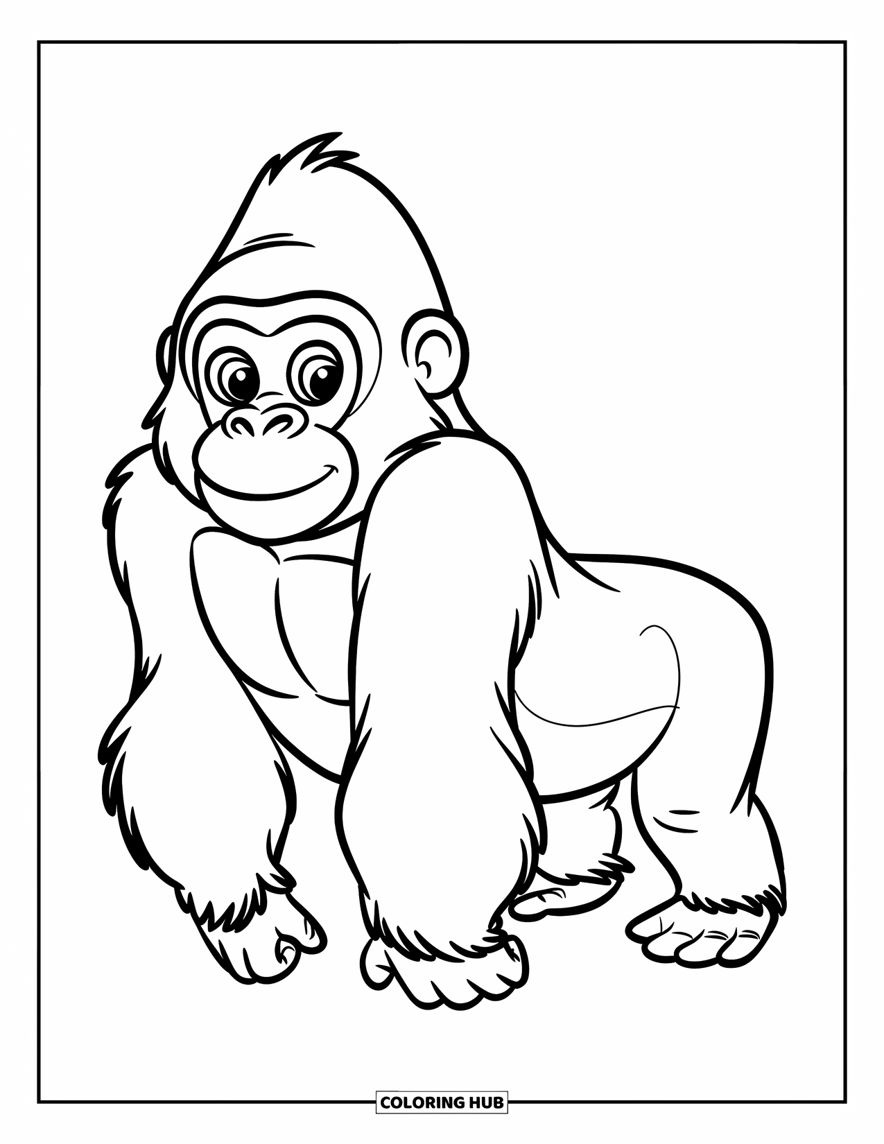 Gorilla Kleurplaat voor Kinderen: Gorilla met het gezicht naar voren staat vrolijk op een grasveld met een grote glimlach