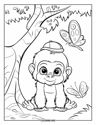 Dibujo de gorila para colorear para niños: Un gorila con un sombrero pequeño se sienta debajo de un árbol con una mariposa revoloteando cerca