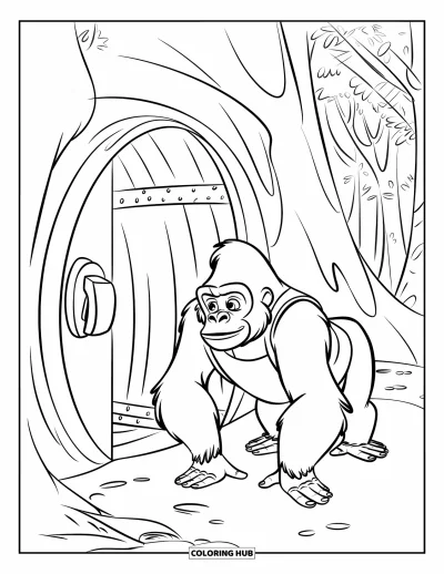 Dibujo de gorila para colorear para niños: Un gorila con un chaleco explora una cueva con una gran puerta redonda y un fondo frondoso