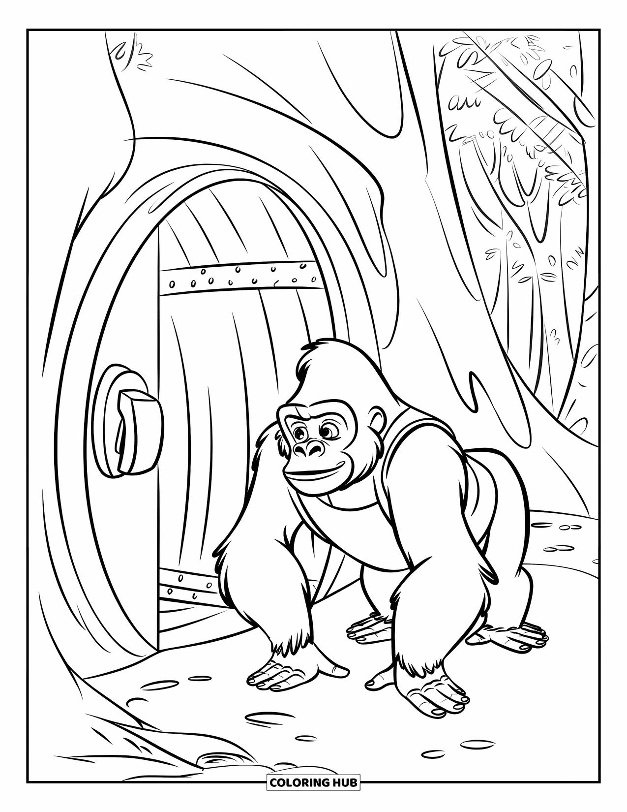 Gorilla Kleurplaat voor Kinderen: Gorilla in een vest verkent een grot met een grote ronde deur en een bladerrijke achtergrond