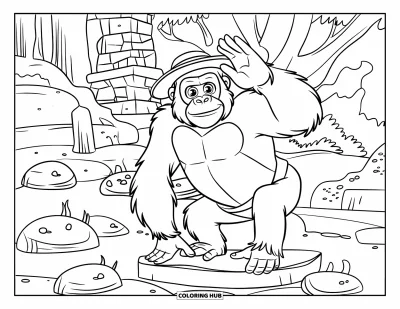 Dibujo de gorila para colorear para niños: Un gorila disfrazado posa como una estatua cerca de una antigua estructura de piedra en el bosque