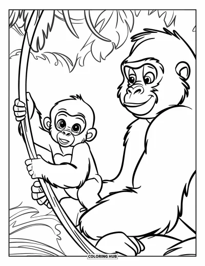 Dibujo de gorila para colorear para niños: Un padre gorila observa con cariño mientras el bebé intenta trepar por una liana de la jungla