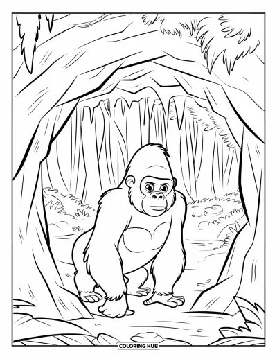 Dibujo de gorila para colorear para niños: Un gorila mira dentro de una cueva con un palo en la mano y plantas de la jungla alrededor