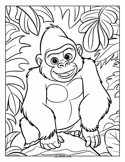 Dibujo de gorila para colorear para niños: Un gorila mira juguetonamente a través de las hojas de la jungla con una amplia y curiosa sonrisa