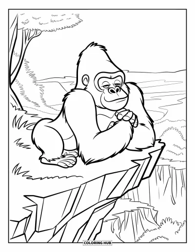 Dibujo de gorila para colorear para niños: Un gorila descansa pacíficamente en el borde de un acantilado sobre la selva tropical