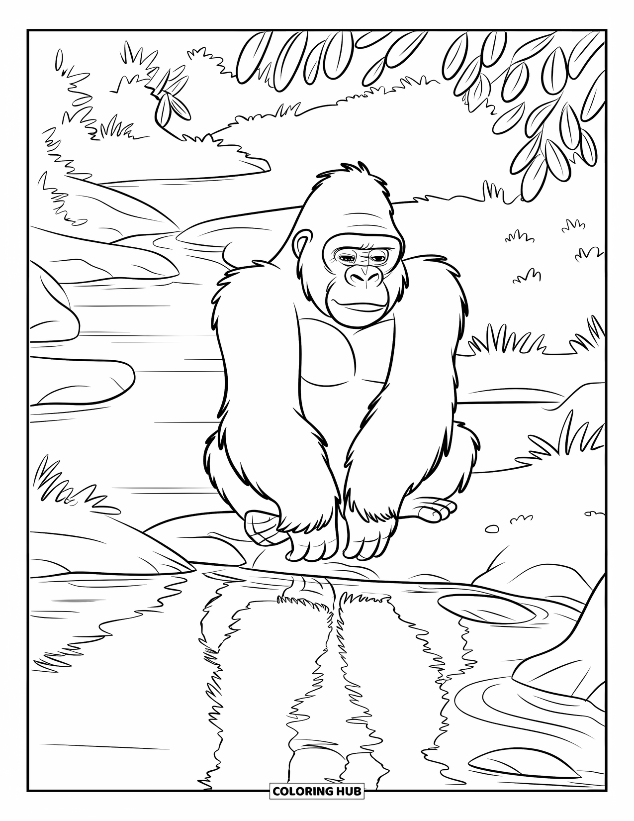 Gorilla Kleurplaat voor Kinderen: Gorilla zit bij een kalme rivier met bladerrijke bomen en een paar verspreide rotsen