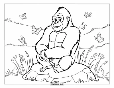 Dibujo de gorila para colorear para niños: Un gorila se sienta en una gran roca, rodeado de mariposas y hierba alta