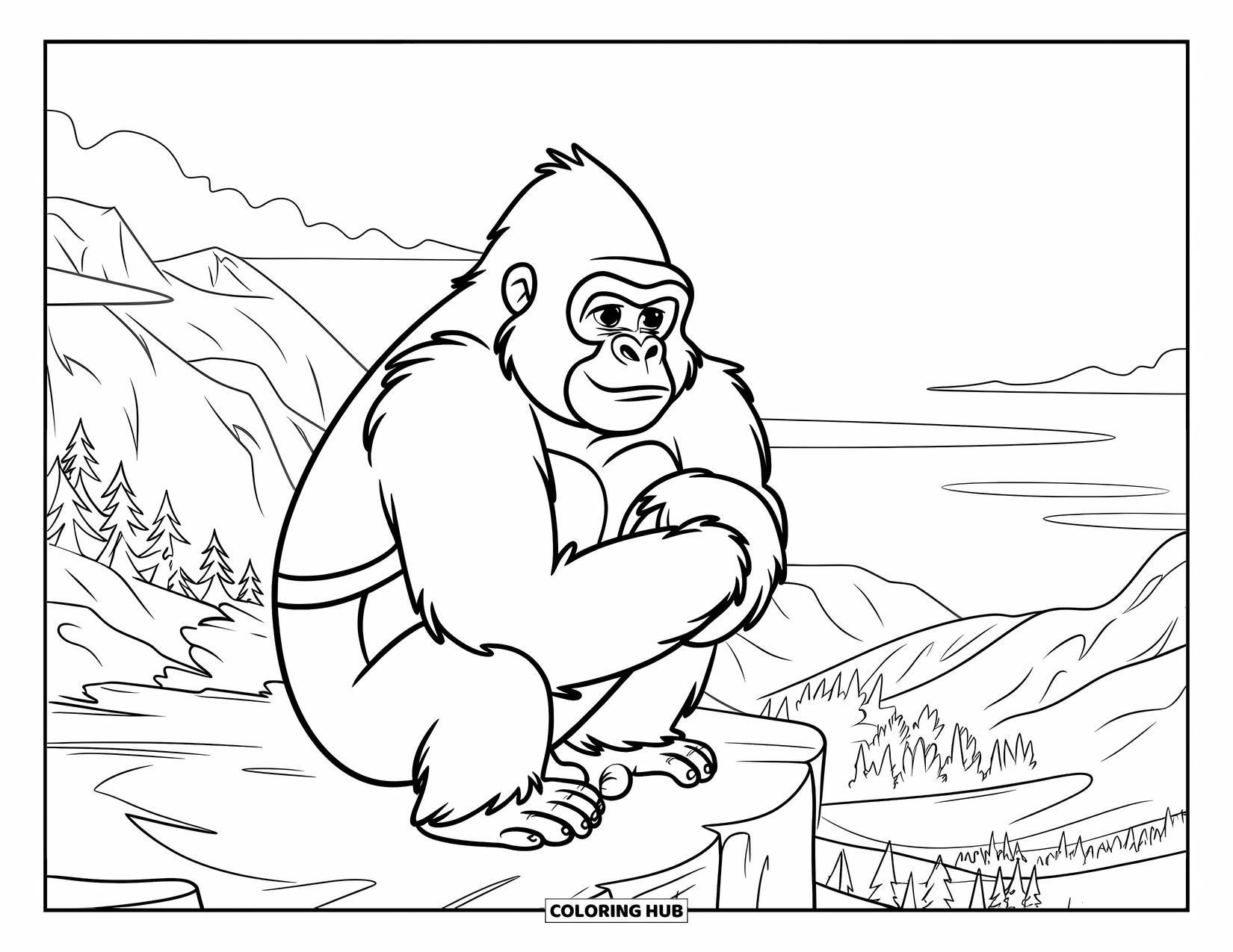 Gorilla Kleurplaat voor Kinderen: Gorilla zit op een richel en staart over bergen en een vredige vallei
