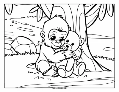 Dibujo de gorila para colorear para niños: Un gorila sonríe mientras abraza a su oso de peluche en un camino de hierba cerca de un árbol