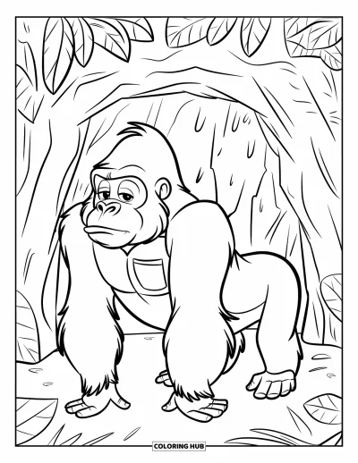 Dibujo de gorila para colorear para niños: Un gorila está de pie fuera de una cueva rocosa con una camisa, rodeado de espesas hojas de la jungla