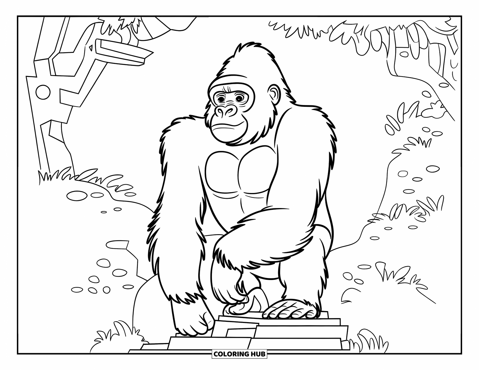 Gorilla Kleurplaat voor Kinderen: Gorilla staat trots als een standbeeld, omringd door bemoste bomen en gedurfde bosvormen